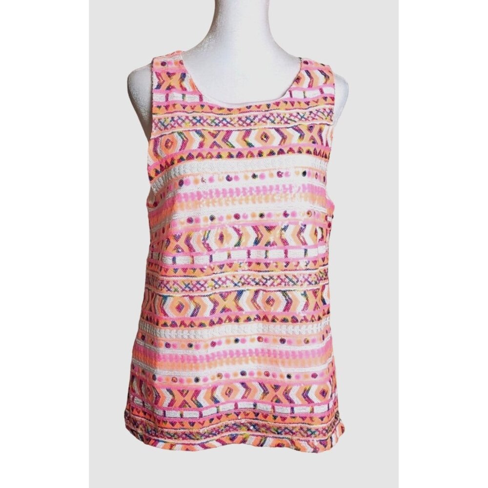 Miami Pink Sequins Aztec Design Sleeveless Top Size Medium